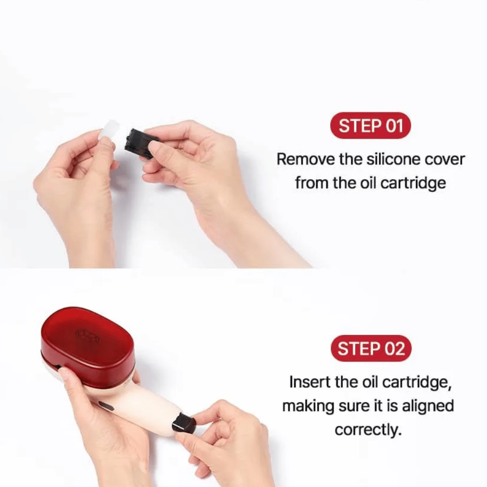 MOEV Oil Cartridges – trin-for-trin-guide: fjern silikonehylsteret og indsæt oliekassetten korrekt i hårplejeenheden.