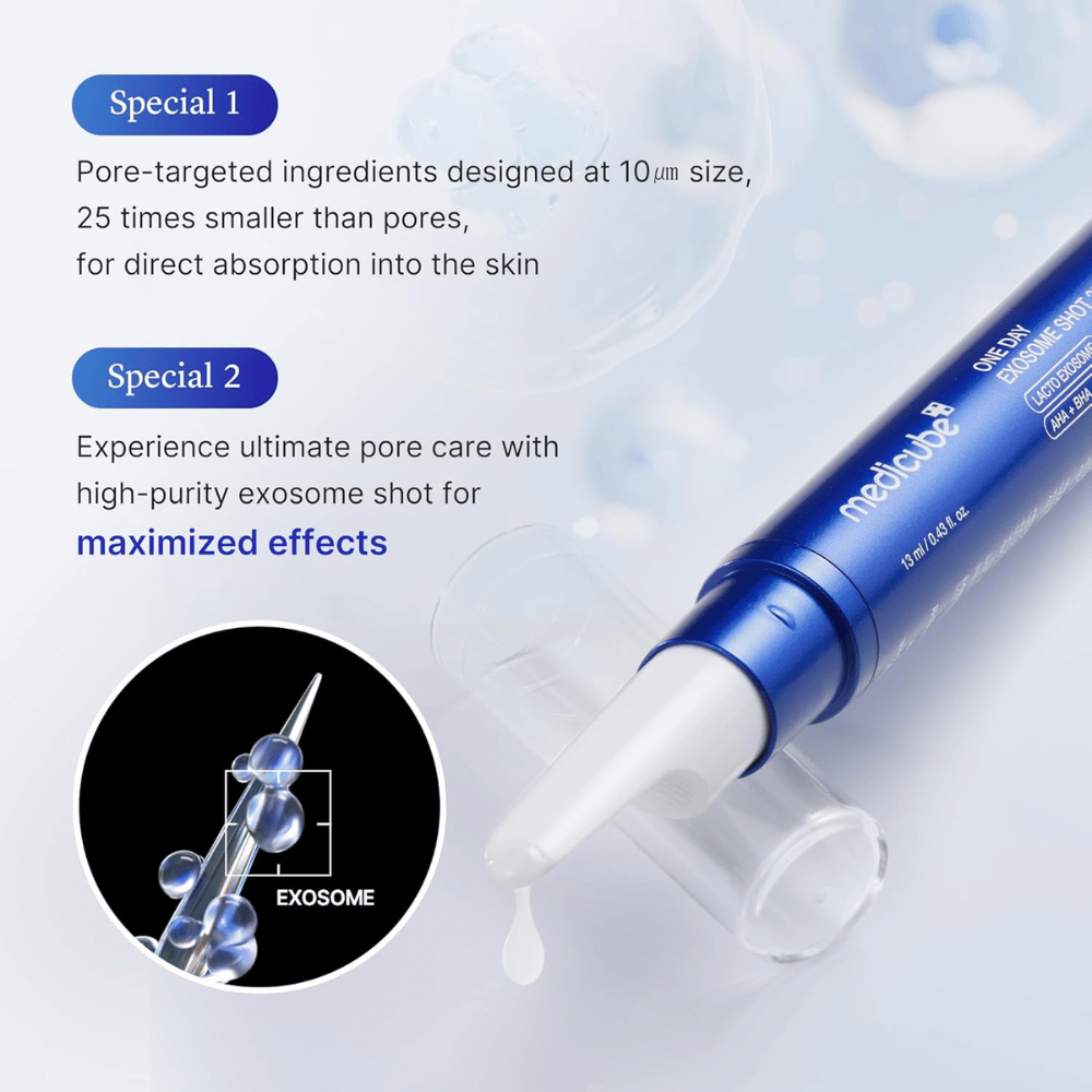 Medicube One Day Exosome Shot Pore Ampoule 25000 med exosomer, som forbedrer absorptionen, minimerer porer og giver intensiv hudpleje