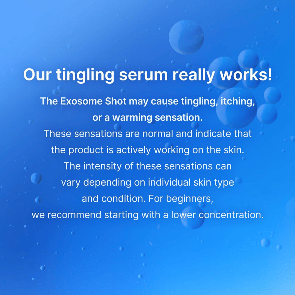 Exosome serum information om prikkende fornemmelse ved brug, som indikerer aktiv hudbehandling, og anbefaling om at begynde med lavere koncentration