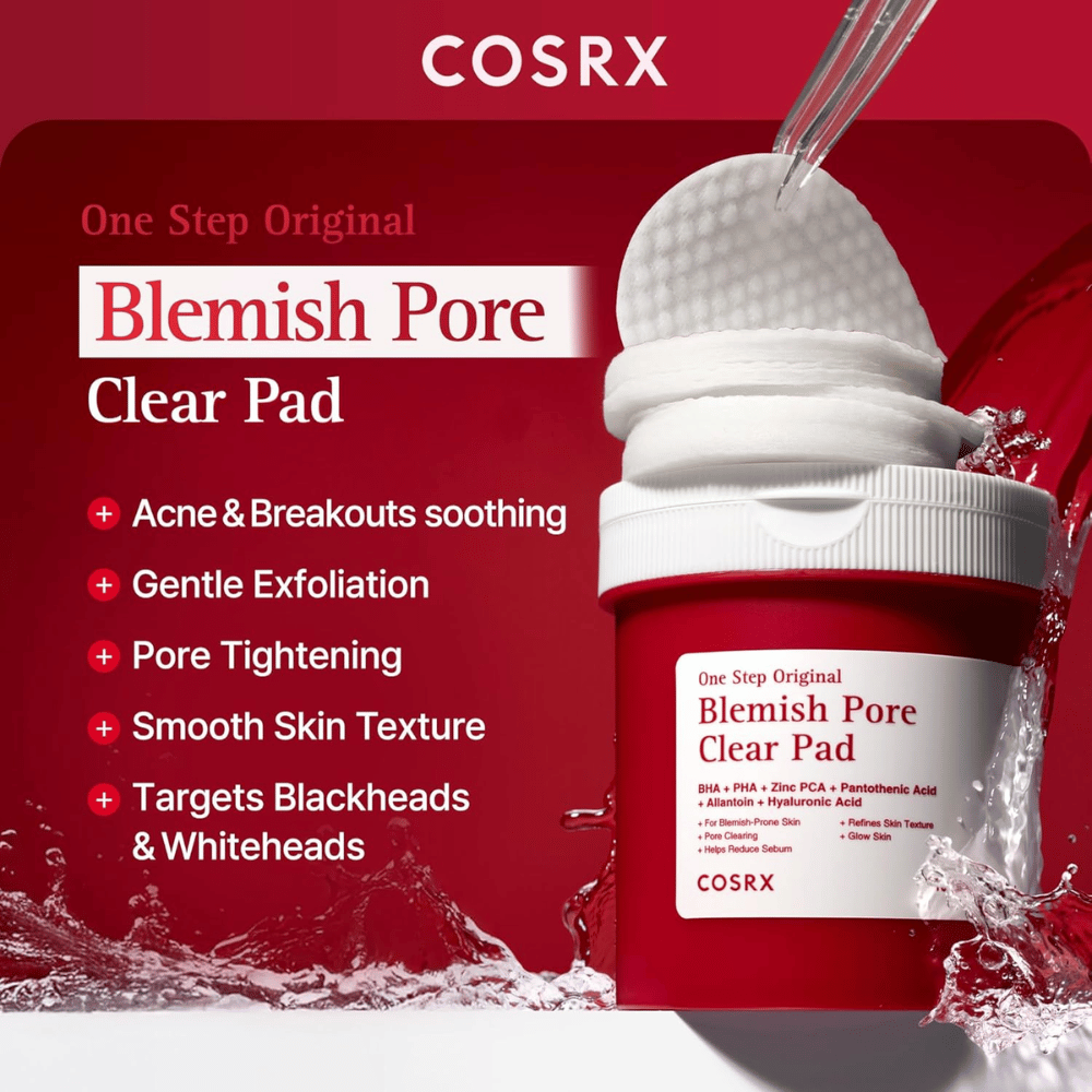 Produktbillede af COSRX One Step Original Blemish Pore Clear Pad med fokus på eksfoliering, poreforfining og pleje af akneudsat hud.