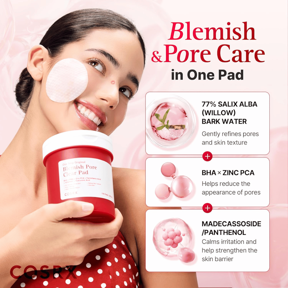 Produktbillede med model og ingrediensfokus for COSRX One Step Original Blemish Pore Clear Pad med willow bark water, BHA, Zinc PCA og Madecassoside.