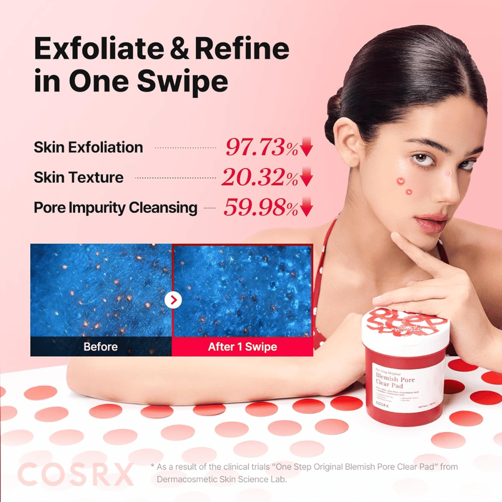Kampagnebillede for COSRX One Step Original Blemish Pore Clear Pad som viser eksfolierende effekt og rensning af porer efter kun én anvendelse.