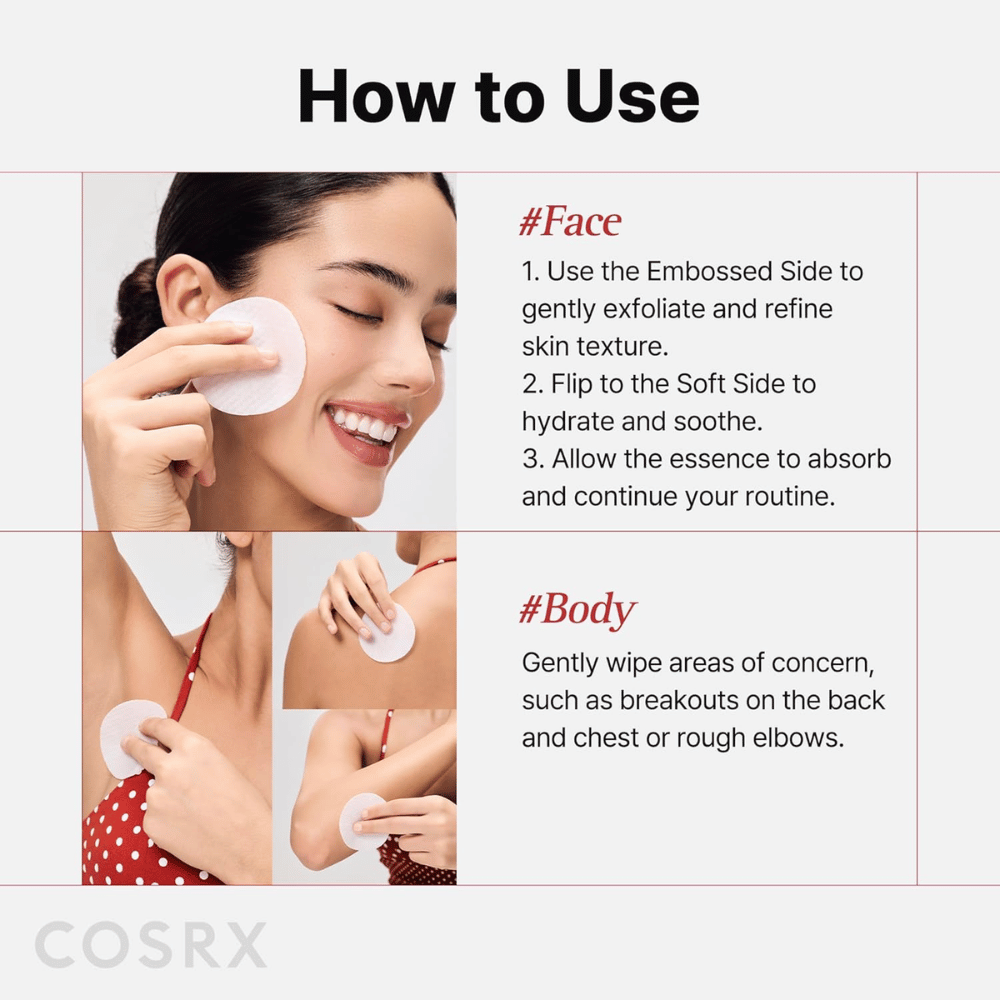 Instruktionsbillede som viser, hvordan COSRX One Step Original Blemish Pore Clear Pad bruges i ansigtet og på kroppen til eksfoliering og pleje.
