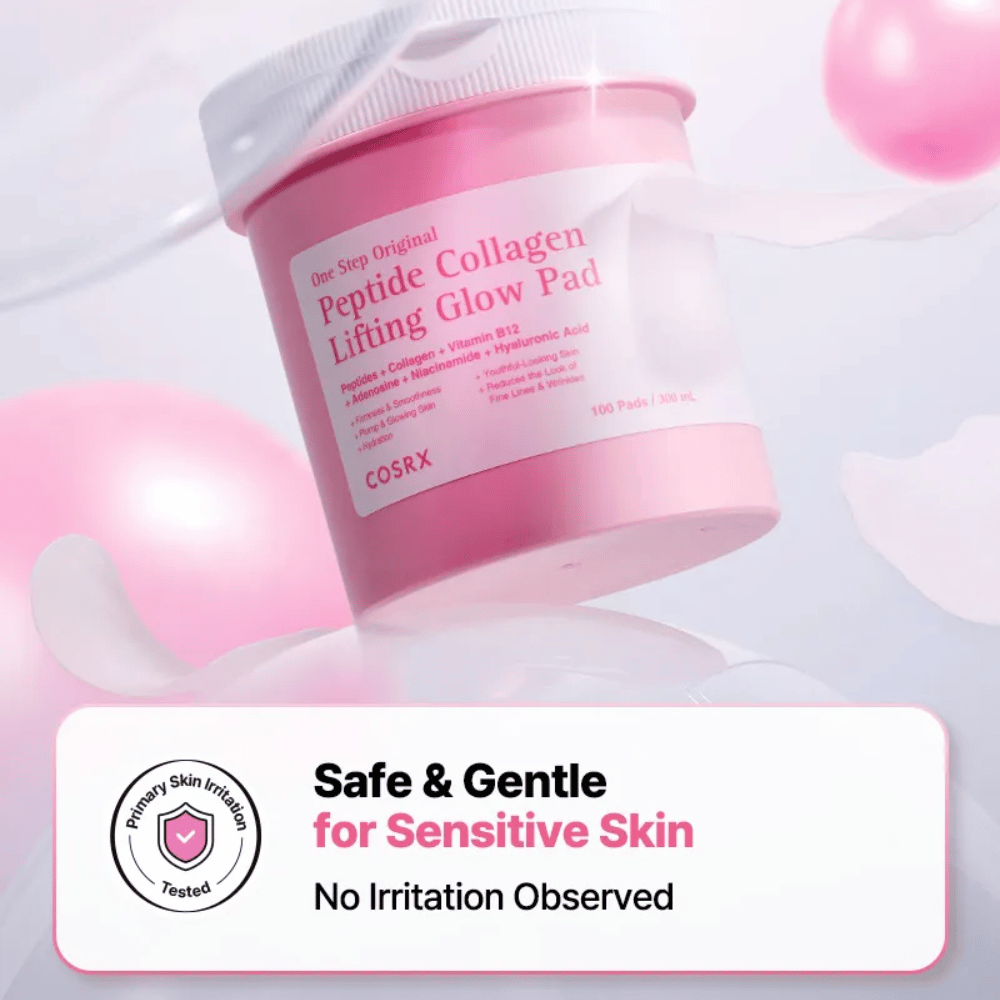 Produktbillede af COSRX One Step Original Peptide Collagen Lifting Glow Pad med budskab om skånsom formel til sensitiv hud og testet for lav irritation.