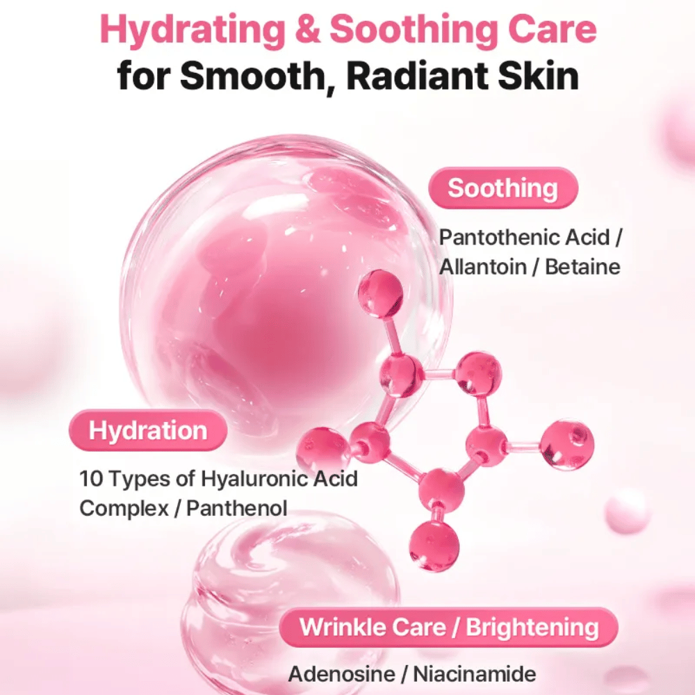 Illustrativt ingrediensbillede for COSRX Peptide Collagen Lifting Glow Pad med fokus på fugt, beroligende effekt samt glødgivende ingredienser som hyaluronsyre, niacinamid og panthenol.