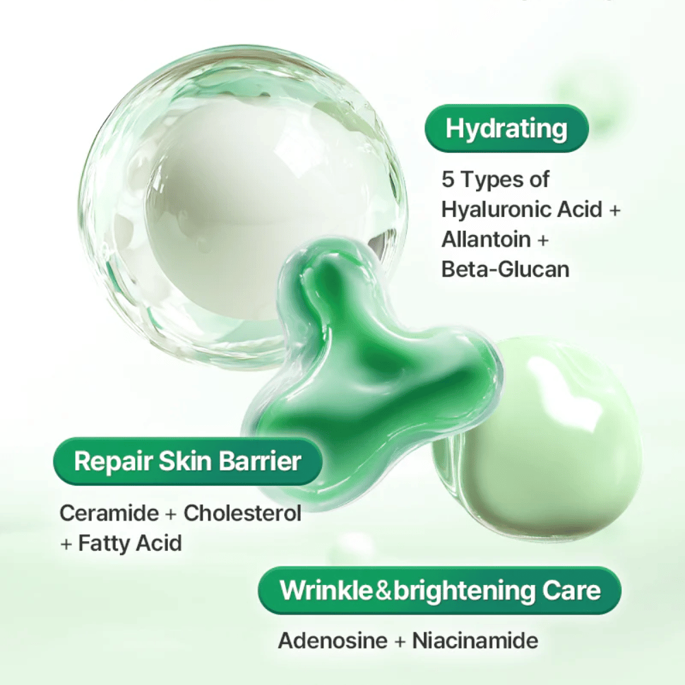 Illustrativt billede, der viser ingredienser og hudfordele i COSRX One Step Original Clear Skin Calming Pad, inklusive hyaluronsyre, ceramider og niacinamid.