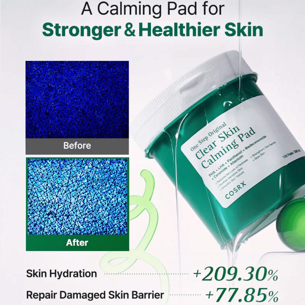 Kampagnebillede for COSRX One Step Original Clear Skin Calming Pad som viser forbedret fugtgivning og styrket hudbarriere efter brug.