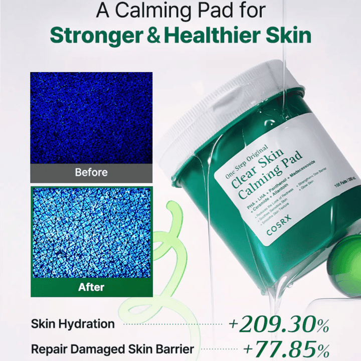 Kampagnebillede for COSRX One Step Original Clear Skin Calming Pad som viser forbedret fugtgivning og styrket hudbarriere efter brug.