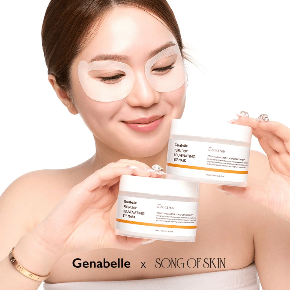 Genabelle PDRN 360° Rejuvenating Eye Mask påført rundt om hele øjenområdet for fugt, øget elasticitet og et friskere blik.