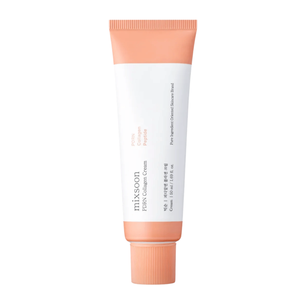 Mixsoon PDRN Collagen Cream i hvid og ferskenfarvet tube, 50 ml. En fugtgivende og kollagenboostende creme til glat og ungdommelig hud.