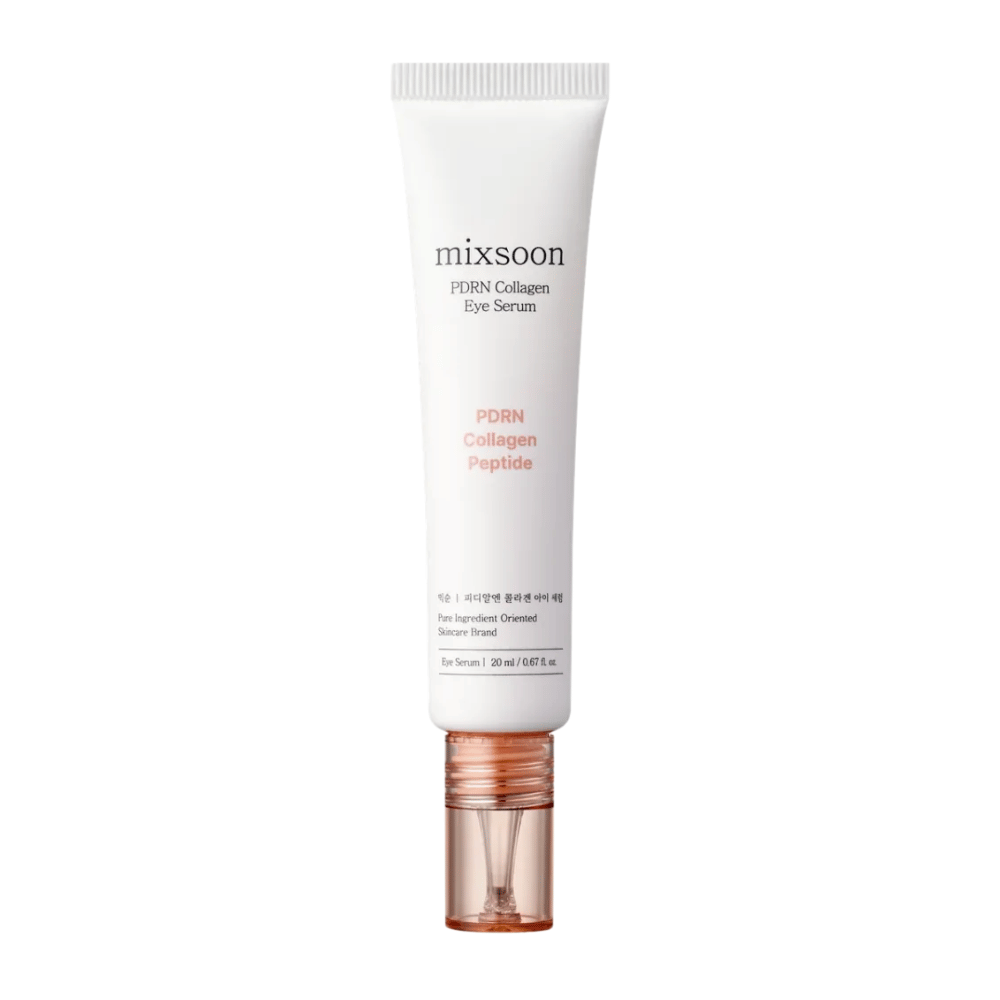 Mixsoon PDRN Collagen Eye Serum i hvid og ferskenfarvet tube med gennemsigtig applikator. Et fugtgivende og opstrammende øjenserum, 20 ml.