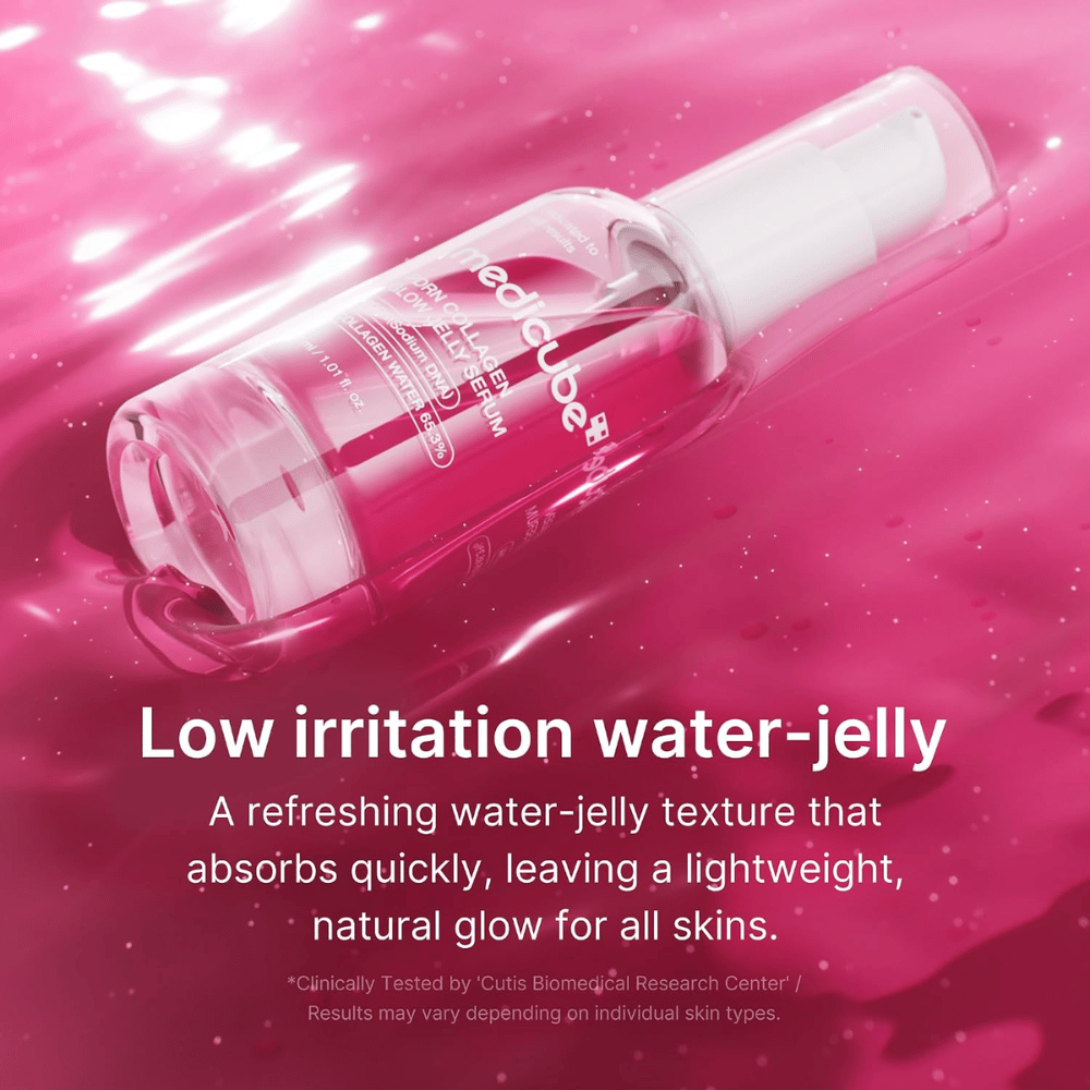 Medicube PDRN Collagen Glow Jelly Serum med let vand-gelétekstur, som absorberes hurtigt og giver glød