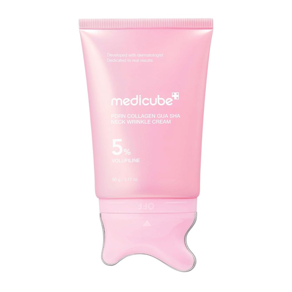 6. Medicube PDRN Collagen Gua Sha Neck Wrinkle Cream 90 g – rosa tube med indbygget gua sha-applikator mod hvid baggrund