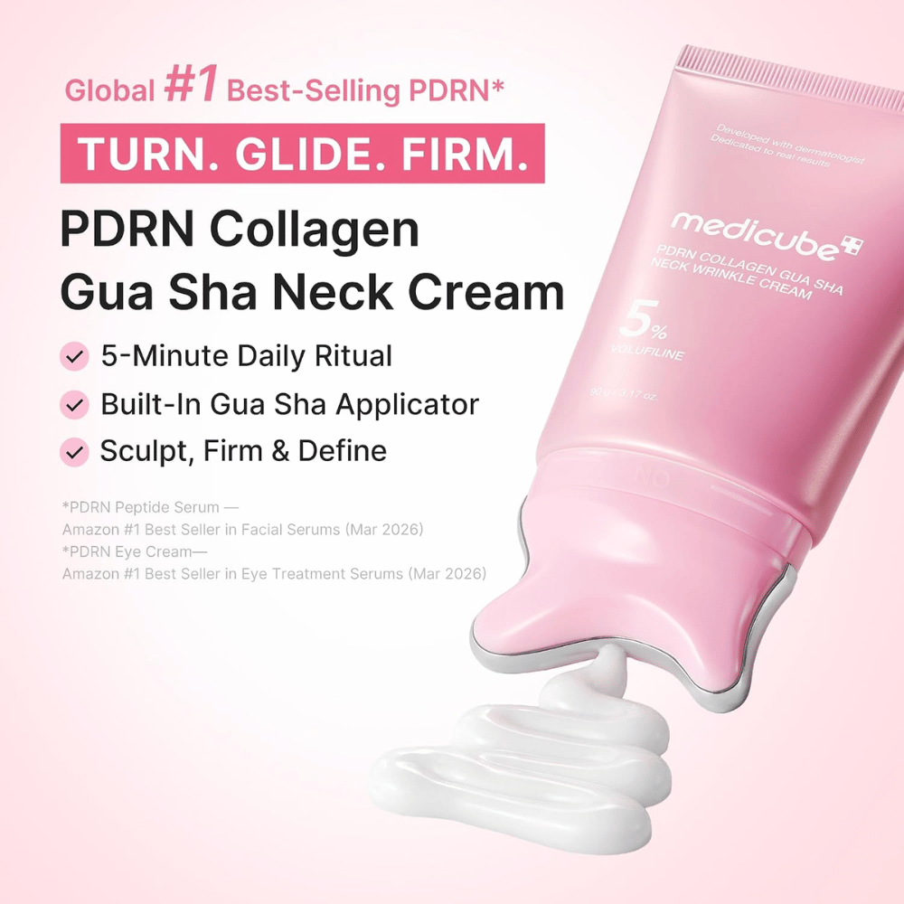 5. Medicube PDRN Collagen Gua Sha Neck Wrinkle Cream – rosa halscreme med gua sha-applikator og cremet konsistens