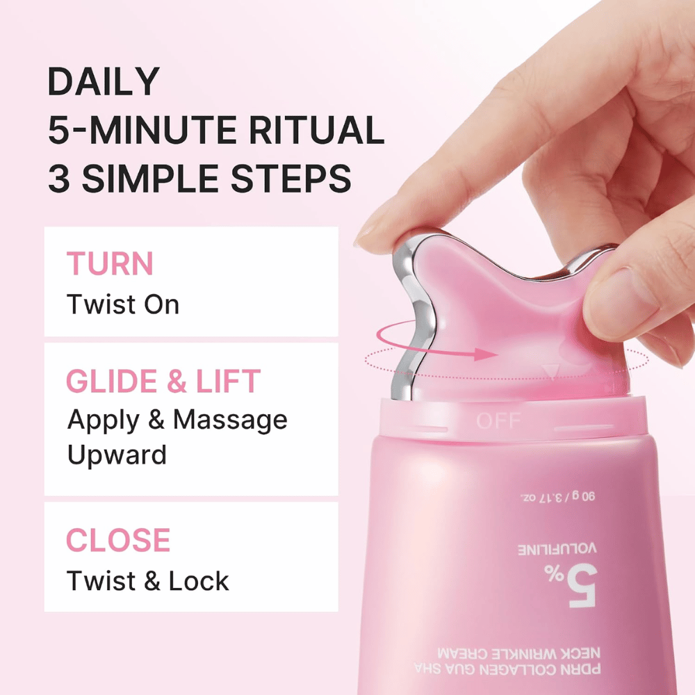 1. Medicube PDRN Collagen Gua Sha Neck Wrinkle Cream – påføring og massage i tre enkle trin