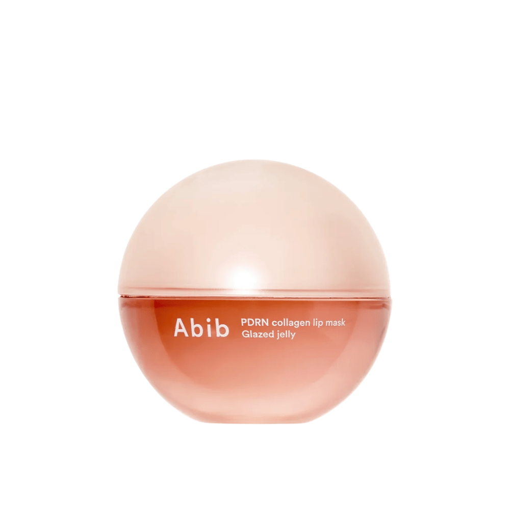 Rosa rund dåse med teksten "Abib PDRN Collagen Lip Mask Glazed Jelly" på forsiden, fotograferet mod hvid baggrund.