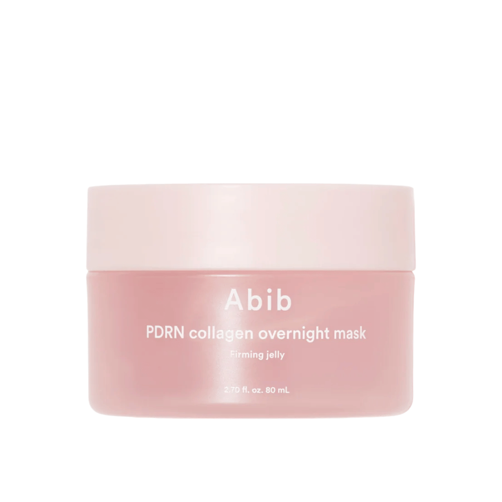 Minimalistisk produktbillede af Abib PDRN Collagen Overnight Mask i rosa krukke med fokus på design og produktnavn mod lys baggrund.