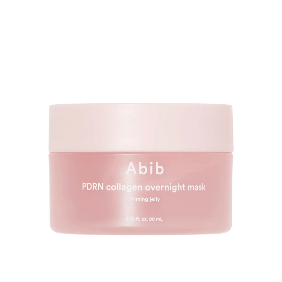Minimalistisk produktbillede af Abib PDRN Collagen Overnight Mask i rosa krukke med fokus på design og produktnavn mod lys baggrund.