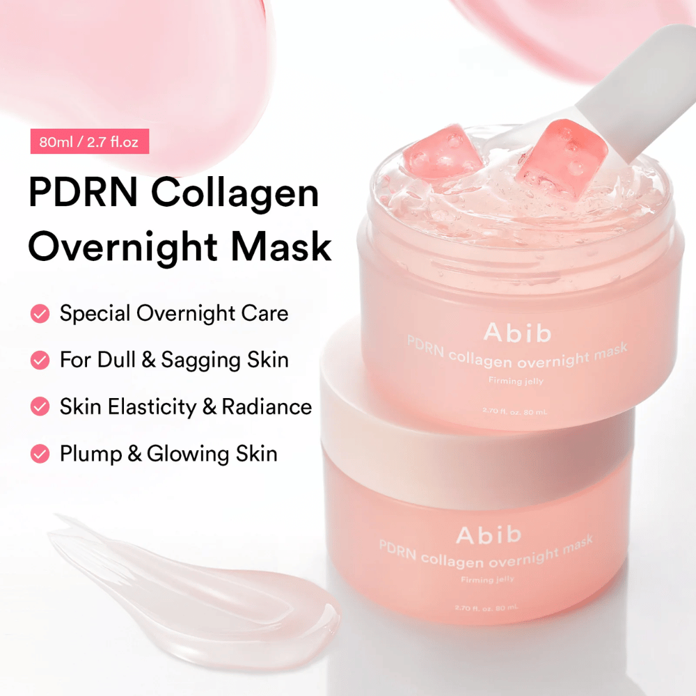 Produktbillede af Abib PDRN Collagen Overnight Mask med rosa gelétekstur og silikonespatel, som fremhæver natmaskens fugtgivende og glødgivende egenskaber.