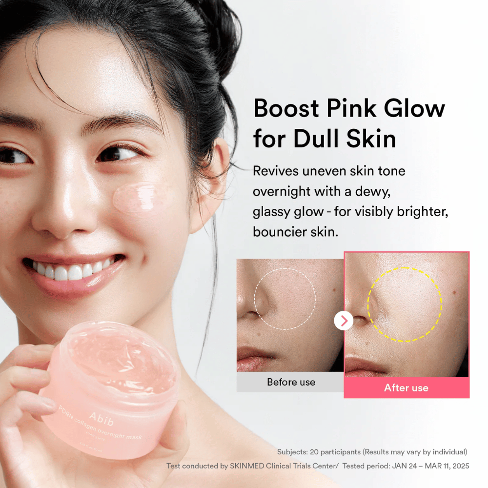 Model, der holder Abib PDRN Collagen Overnight Mask sammen med før- og efterillustration, som viser glow og mere ensartet hudtone efter brug natten over.