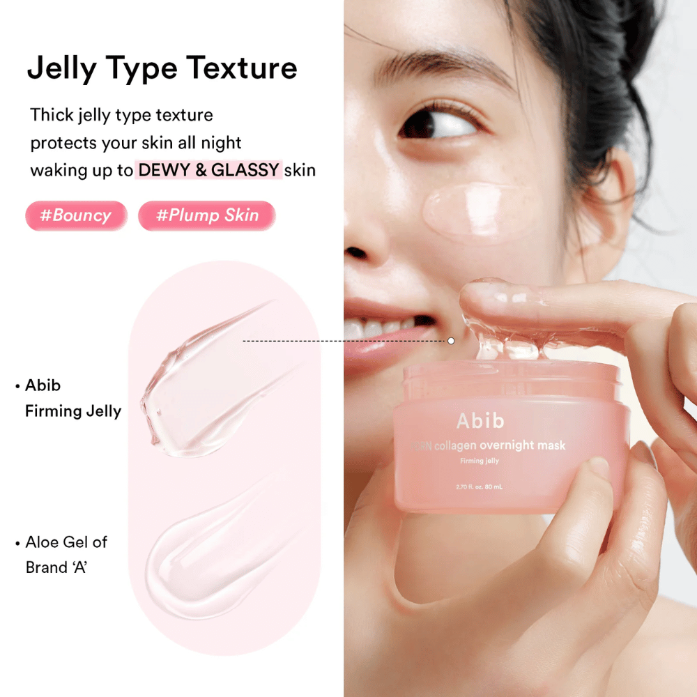 Nærbillede af den geléagtige konsistens i Abib PDRN Collagen Overnight Mask, som viser en fyldig og glansfuld tekstur udviklet til fugtet og dugfrisk hud.