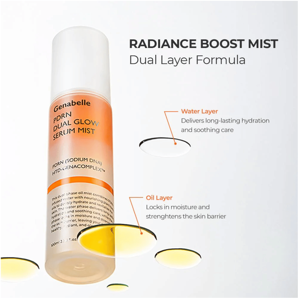 Genabelle PDRN Dual Glow Serum Mist med tofaseformel til fugt og styrket hudbarriere