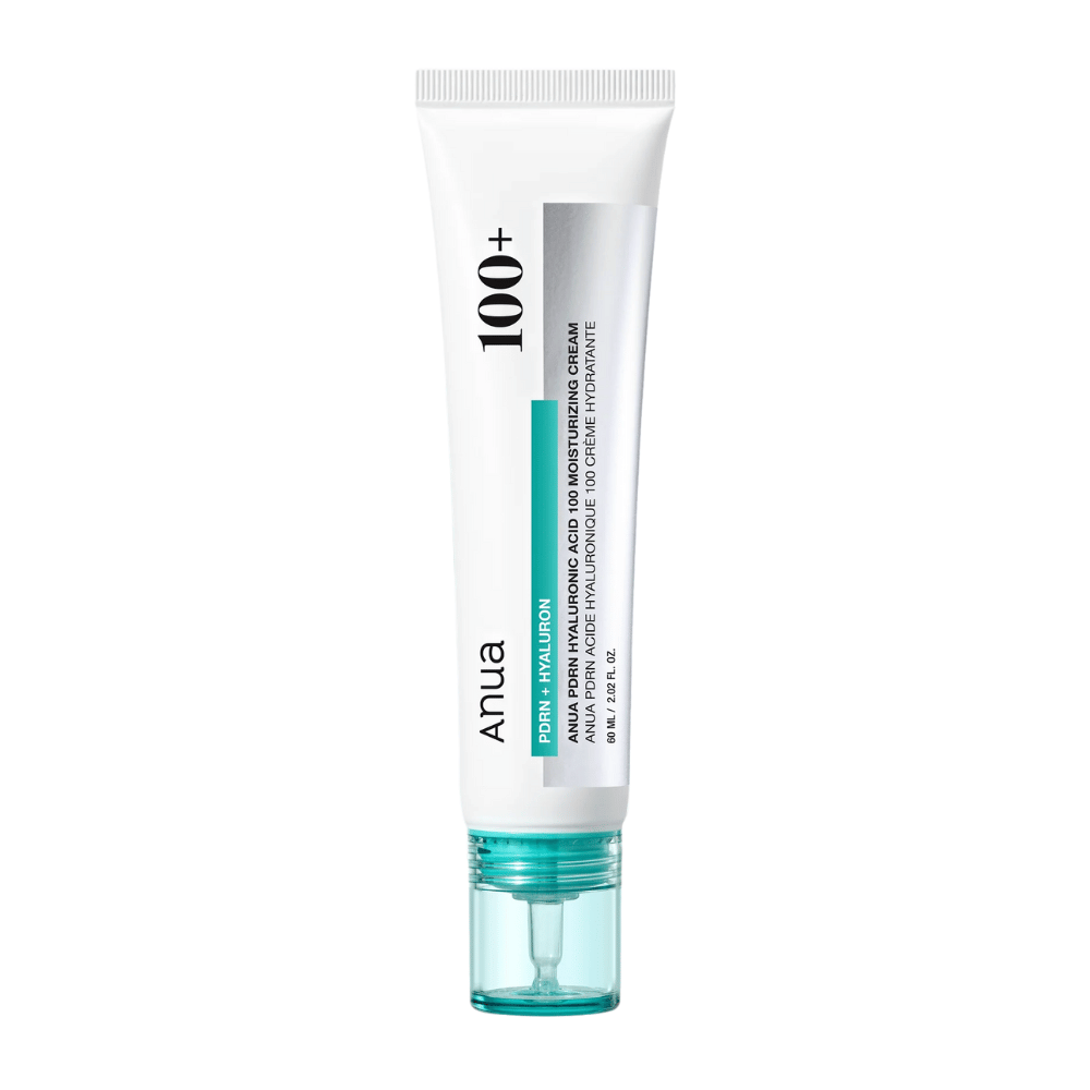 Produktbillede på Anua PDRN Hyaluronic Acid 100 Moisturizing Cream i hvid tube med turkis detalje – koreansk ansigtscreme til dyb fugtighed.