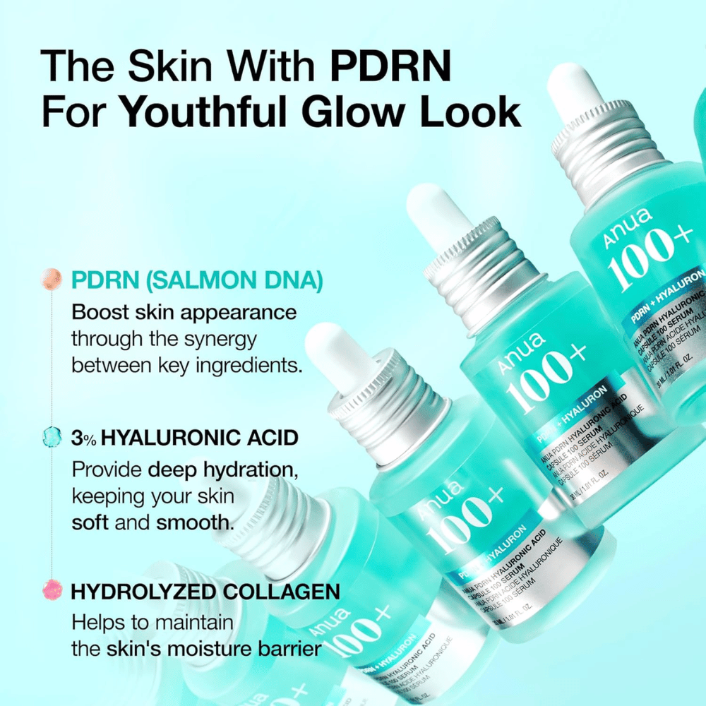 Anua PDRN Hyaluronic Acid Capsule 100 Serum er et kraftfuldt hudplejeprodukt, der indeholder PDRN (lakse-DNA) for at forbedre hudens udseende, 3 % hyaluronsyre for dyb fugtning og hydrolyseret kollagen for at styrke hudens fugtbarriere. Perfekt til en ungdommelig glød!
