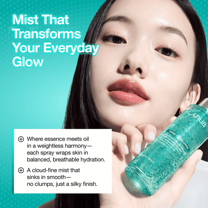 En model holder produktet tæt på ansigtet. Billedet fremhæver glow-effekten og hvordan misten giver en frisk, fugtet finish selv oven på makeup.