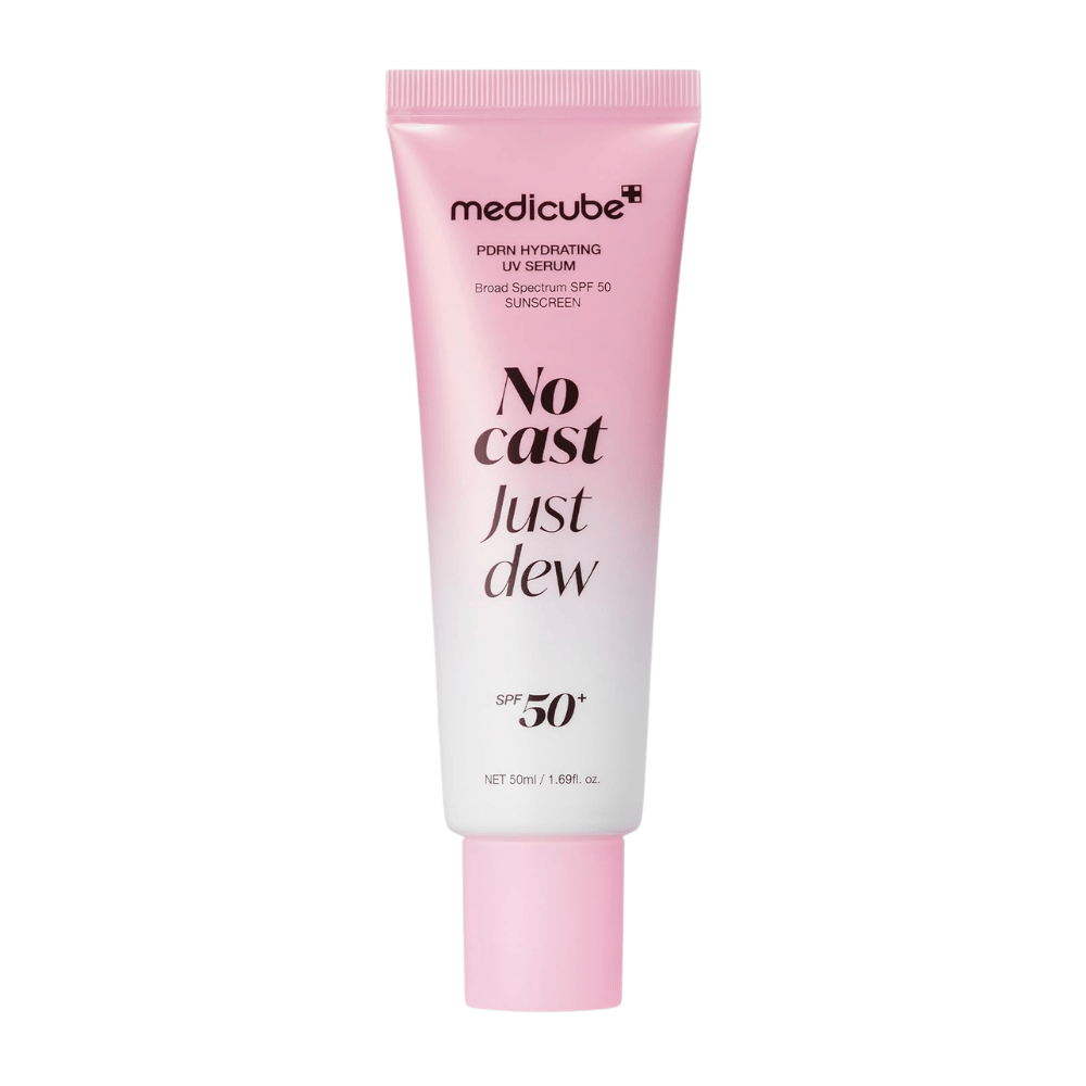 6. Medicube PDRN Hydrating UV Serum SPF 50+ 50 ml – rosa og hvid tube med fugtgivende solbeskyttelse til ansigtet