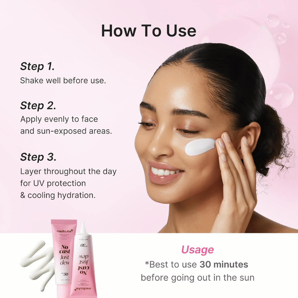 1. Medicube PDRN Hydrating UV Serum SPF 50+ – påføring af fugtgivende solbeskyttelse i ansigtet med brugsanvisning