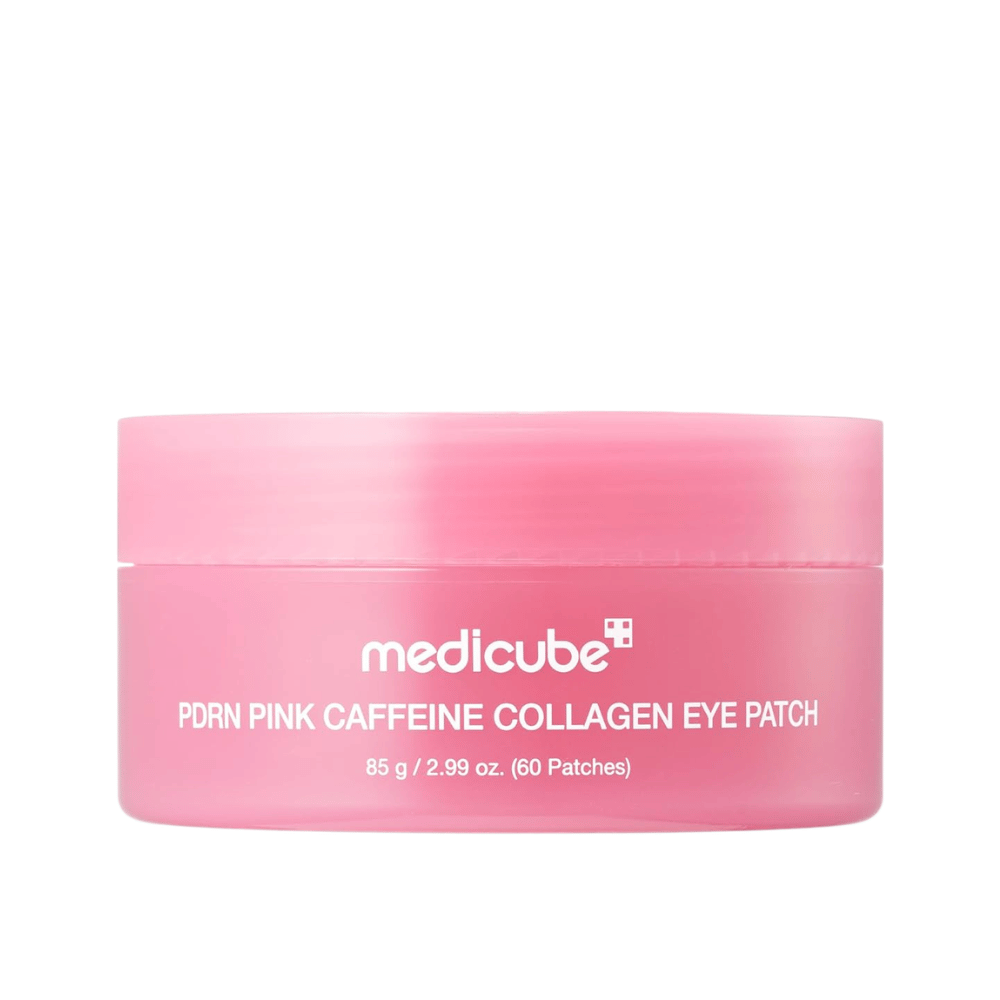 5. Medicube PDRN Pink Caffeine Collagen Eye Patch 60 stk. – lyserød krukke med fugtgivende hydrogel eye patches mod hvid baggrund
