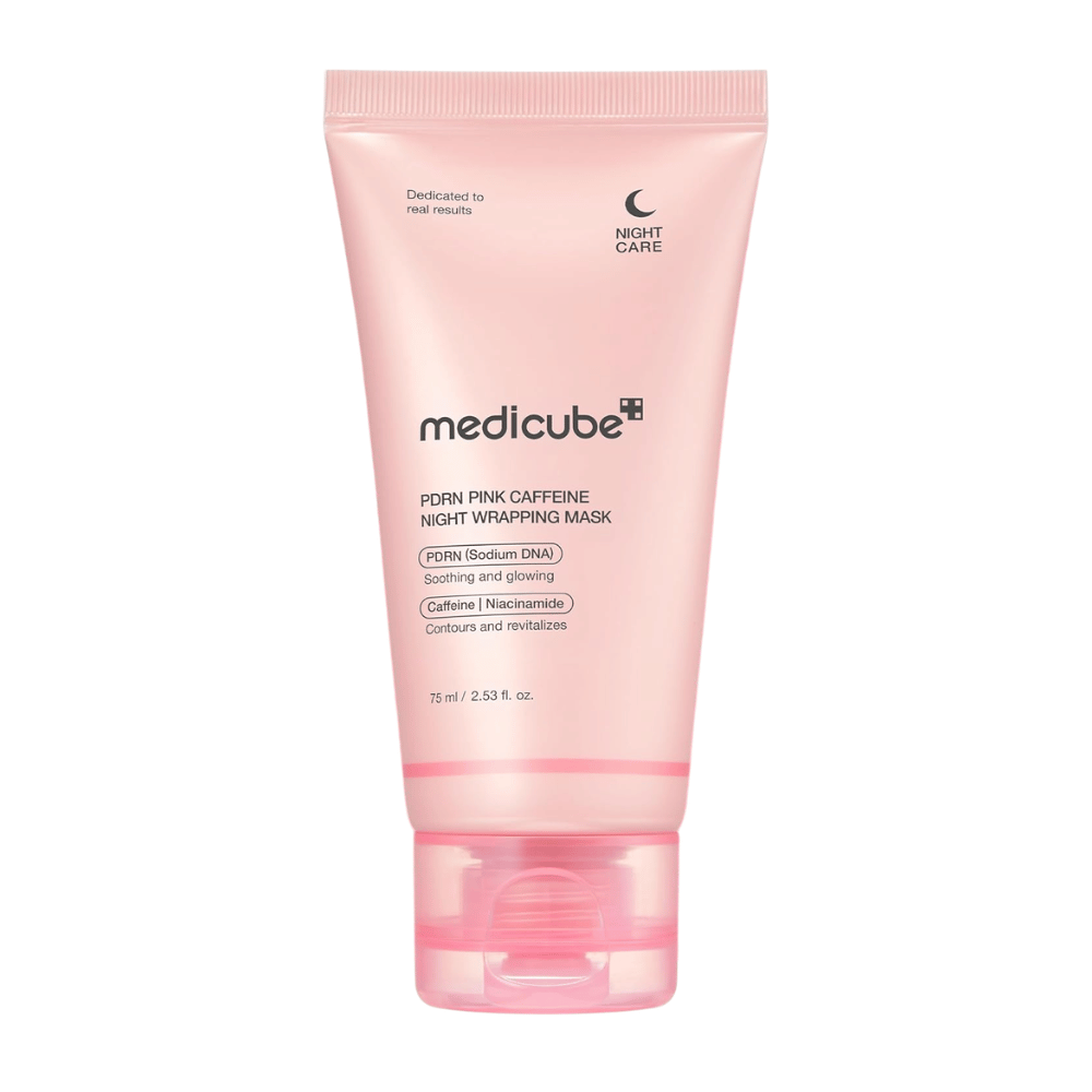Medicube PDRN Pink Caffeine Night Wrapping Mask 75 ml – koreansk natmaske med PDRN, koffein og niacinamid for glød og fugt.