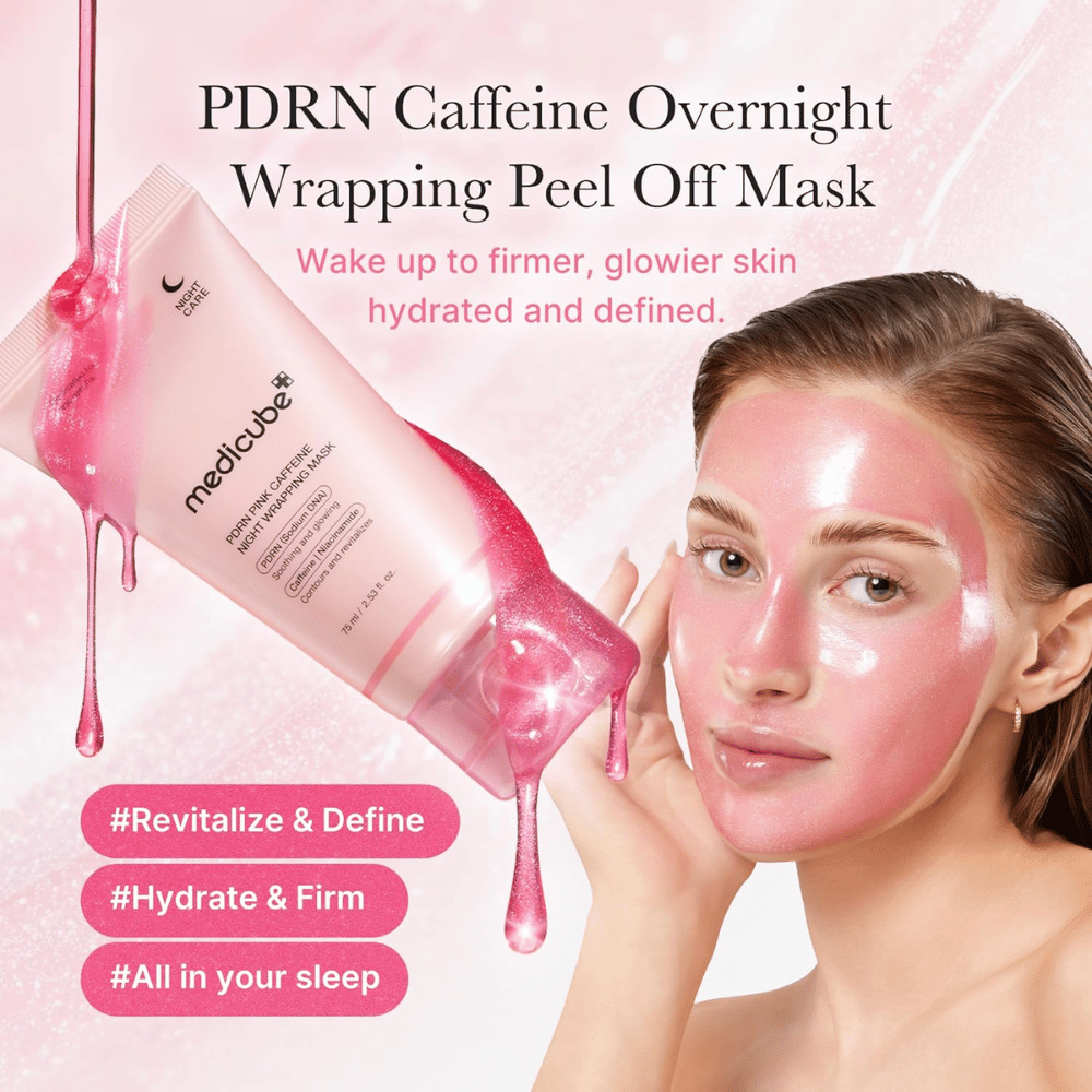 Medicube PDRN Pink Caffeine Night Wrapping Mask – rosa peel off-natmaske med PDRN og koffein for fugt, glød og en fastere følelse.