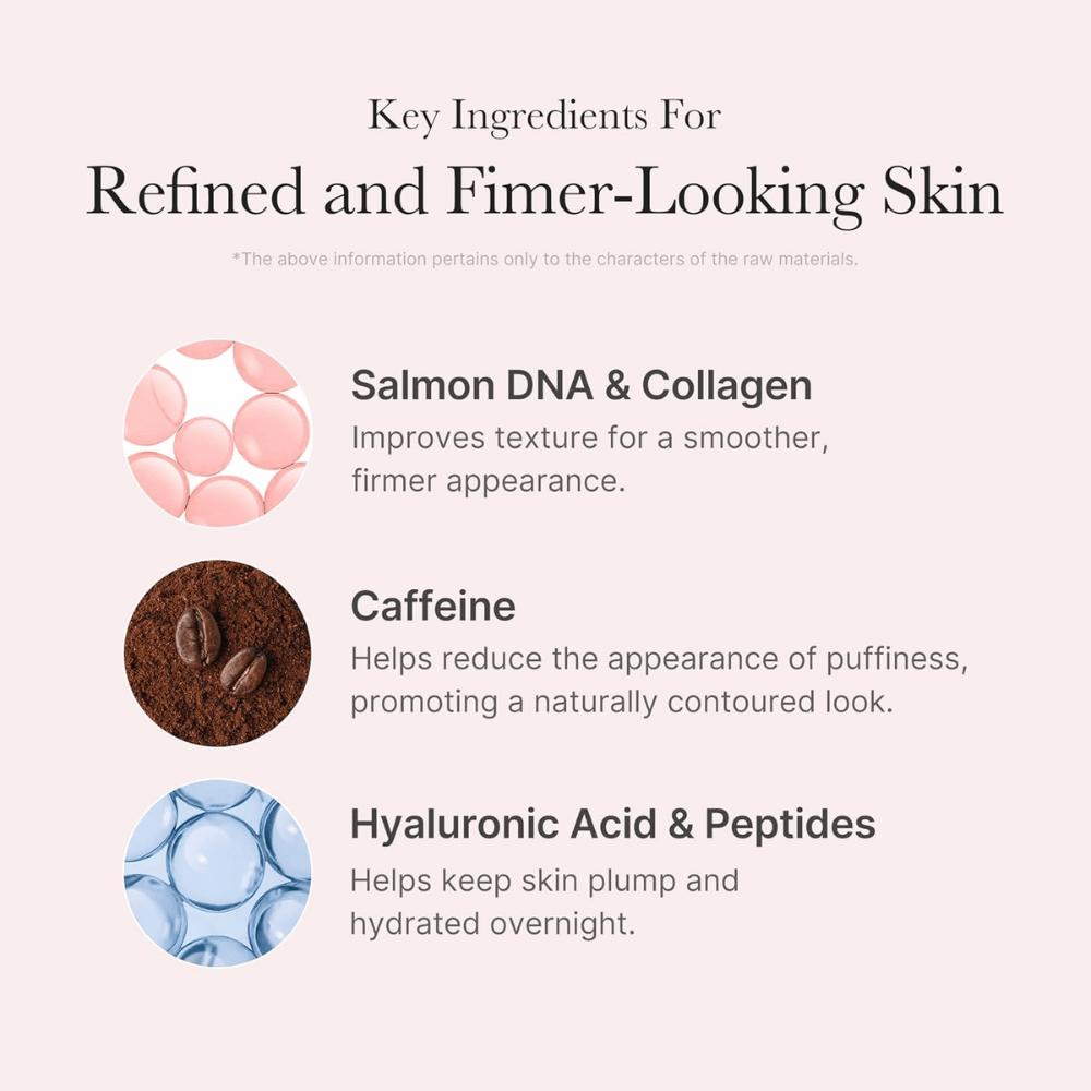 Medicube PDRN Pink Caffeine Night Wrapping Mask med PDRN, kollagen, koffein, hyaluronsyre og peptider for fugtet og fastere hud.