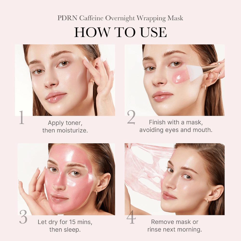 Sådan bruger du Medicube PDRN Pink Caffeine Night Wrapping Mask – påfør om aftenen, lad tørre og fjern masken om morgenen.