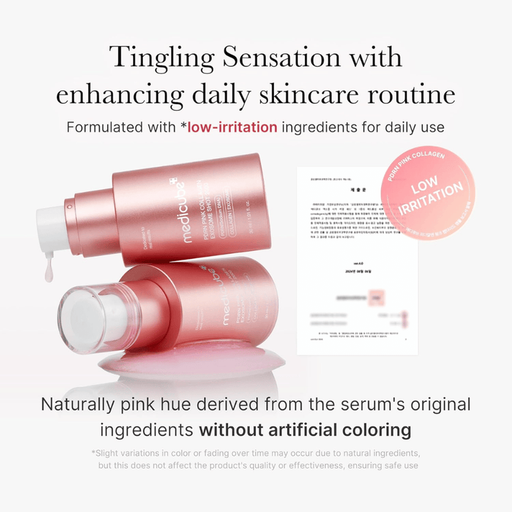 Medicube PDRN Pink Collagen Exosome Shot 2000 med information om lav irritation. Produktet har naturlig lyserød farve fra ingredienserne og er udviklet til daglig brug med en skånsom følelse på huden.