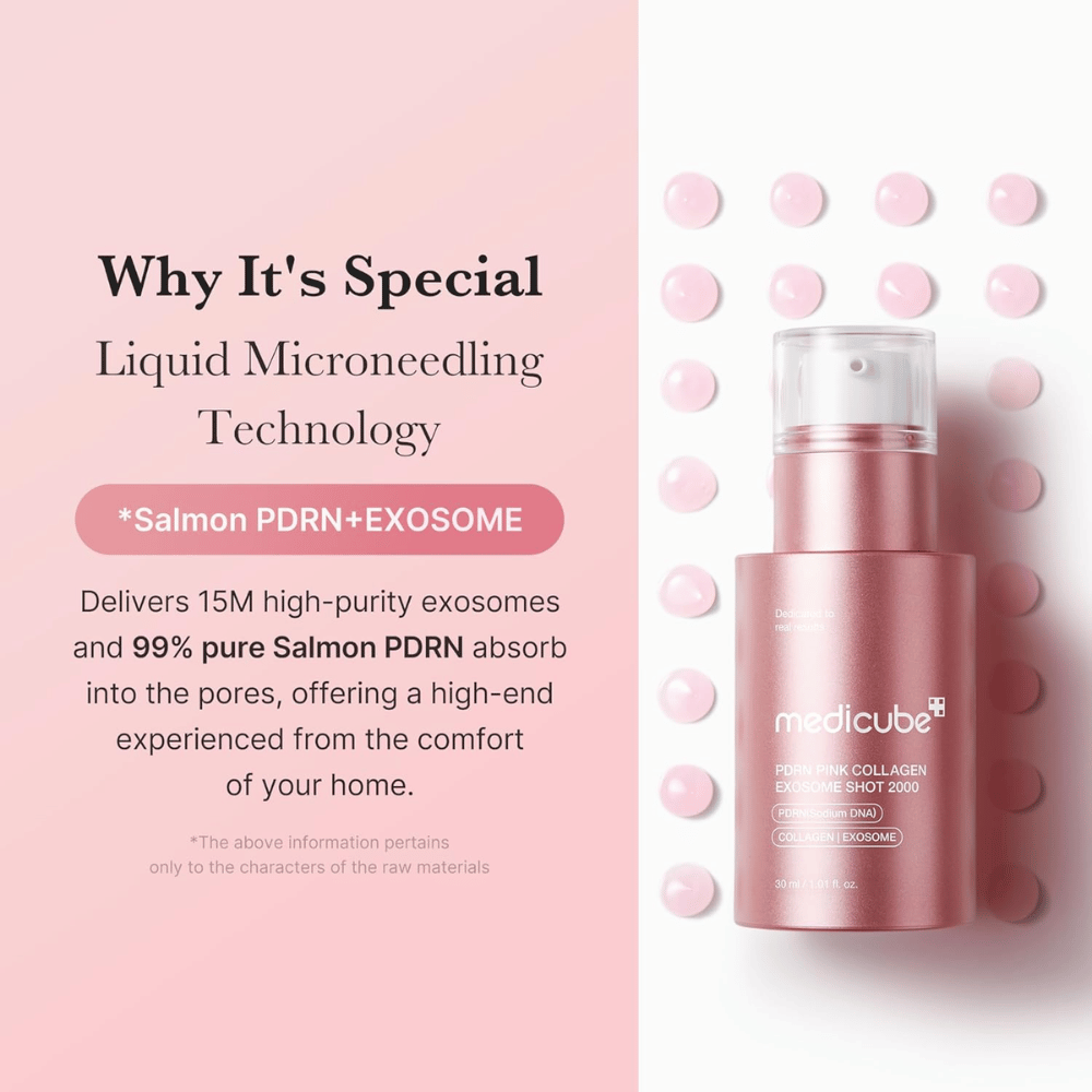 Medicube PDRN Pink Collagen Exosome Shot 2000 i lyserød flaske. Billedet fremhæver flydende microneedling-teknologi med exosomer og PDRN fra laks for at understøtte hudens glød, elasticitet og absorption.