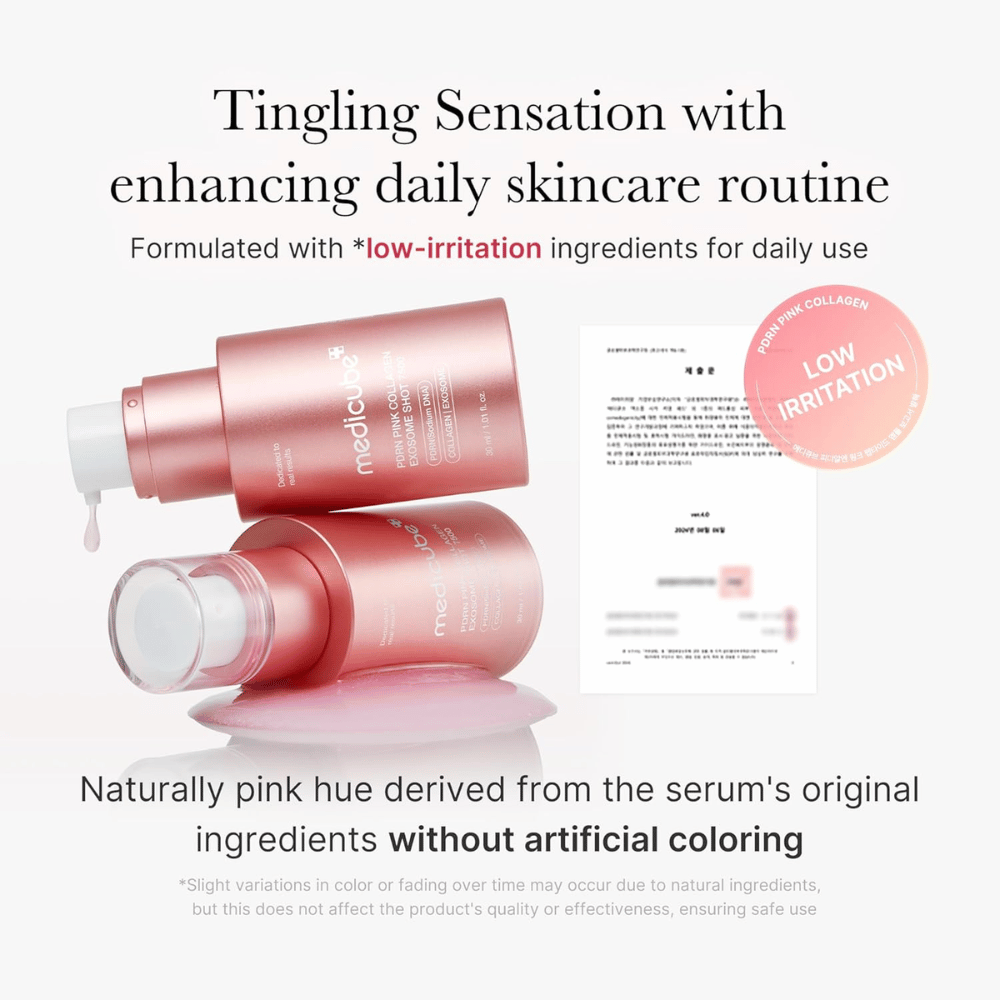 Medicube PDRN Pink Collagen Exosome Shot 7500 præsenteret med fokus på lav irritation. Serummet har en naturligt rosa tone fra ingredienserne og er udviklet til at give en prikkende fornemmelse, som støtter hudplejerutinen.