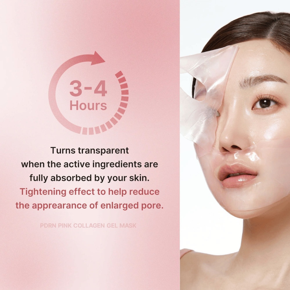 Medicube PDRN Pink Collagen Gel Mask med instruktion om at bære masken i 3-4 timer, indtil den bliver gennemsigtig. Masken absorberer aktive ingredienser og strammer huden for at reducere synlige porer.
