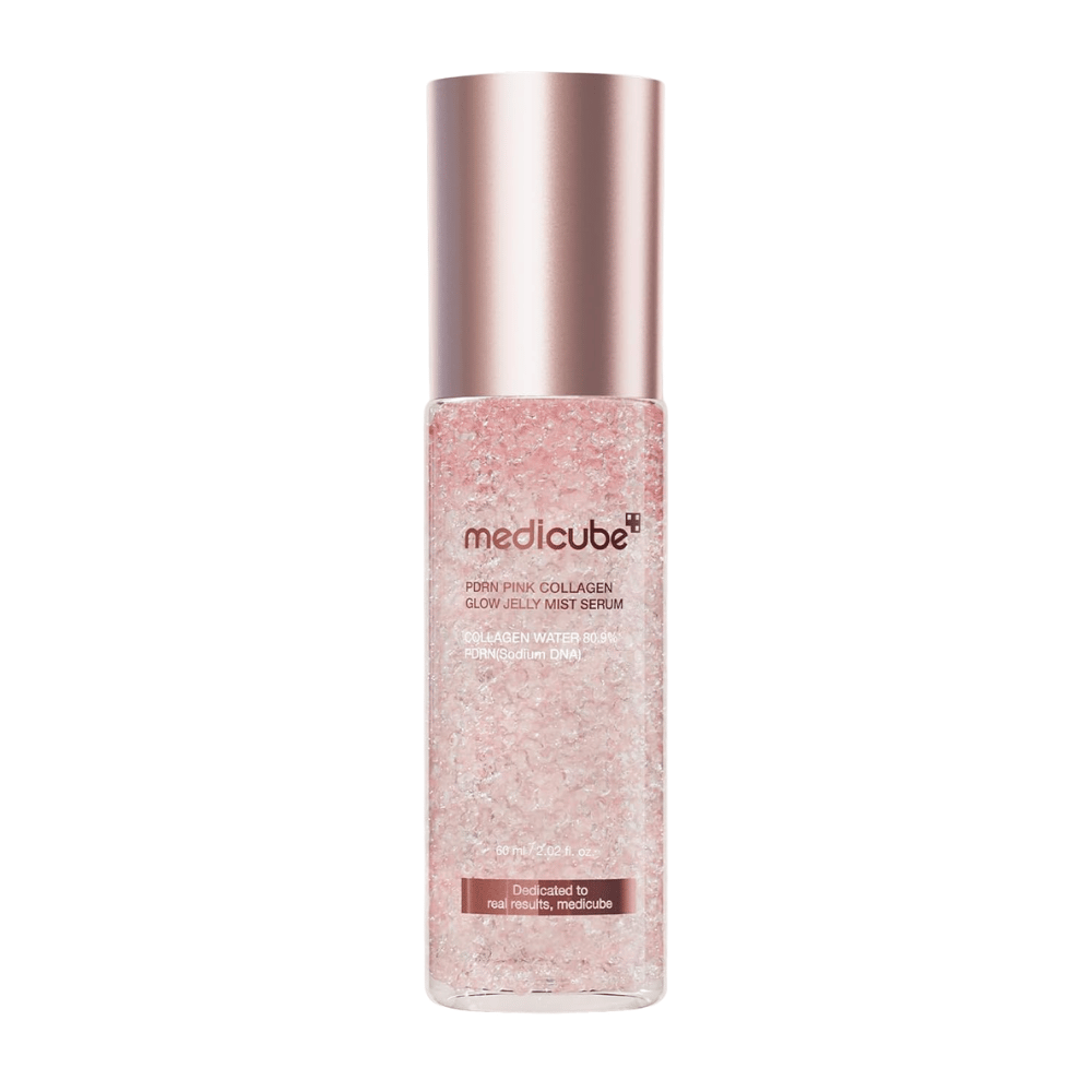 6. Medicube PDRN Pink Collagen Glow Jelly Mist Serum 60 ml – rosa fugtgivende ansigtsmist med kollagen og PDRN på hvid baggrund