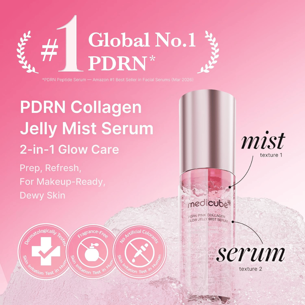 5. Medicube PDRN Pink Collagen Glow Jelly Mist Serum 60 ml – to-i-en ansigtsmist og serum til fugtet hud med glød