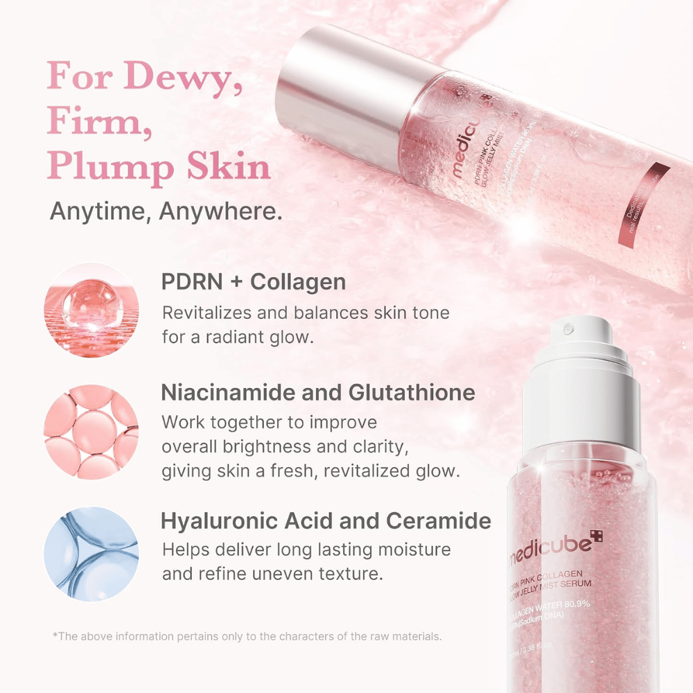 4. Medicube PDRN Pink Collagen Glow Jelly Mist Serum – fugtgivende mist med PDRN, kollagen, niacinamid og hyaluronsyre