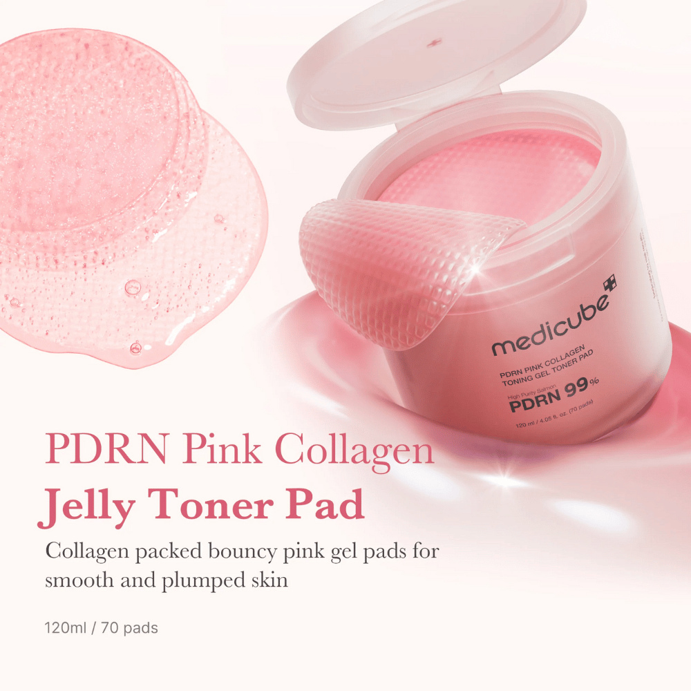 Åben krukke med Medicube PDRN Pink Collagen Jelly Toner Pads, med en hævet lyserød gelpad og tekst, der beskriver kollagenindhold for glat og fugtet hud.