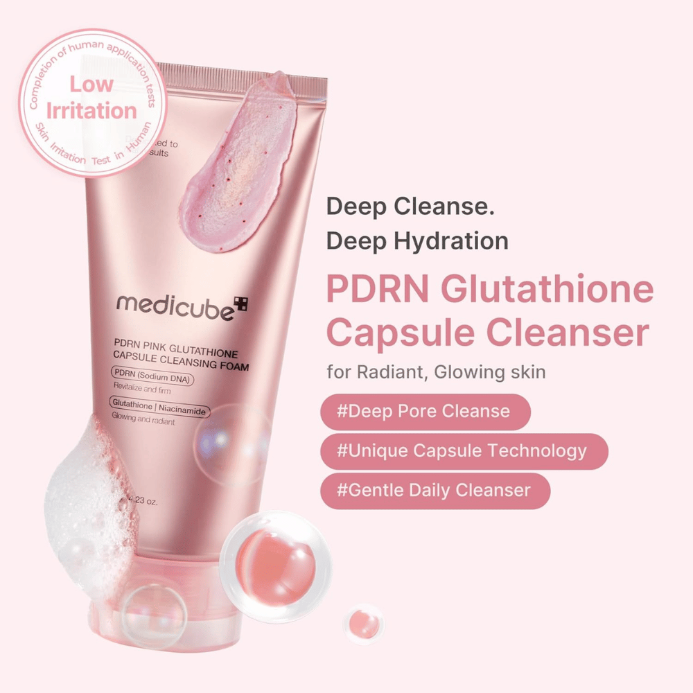 Medicube PDRN Pink Glutathione Capsule Cleansing Foam med lav irritation til daglig rens og klarere hud med naturlig glow