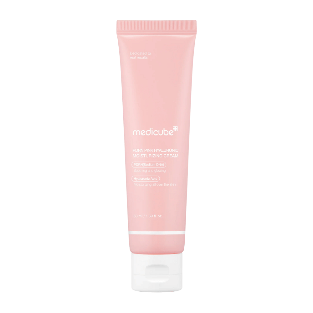 Medicube PDRN Pink Hyaluronic Moisturizing Cream i lyserød tube med hvid hætte, en fugtgivende creme beriget med hyaluronsyre og lakse-DNA PDRN.