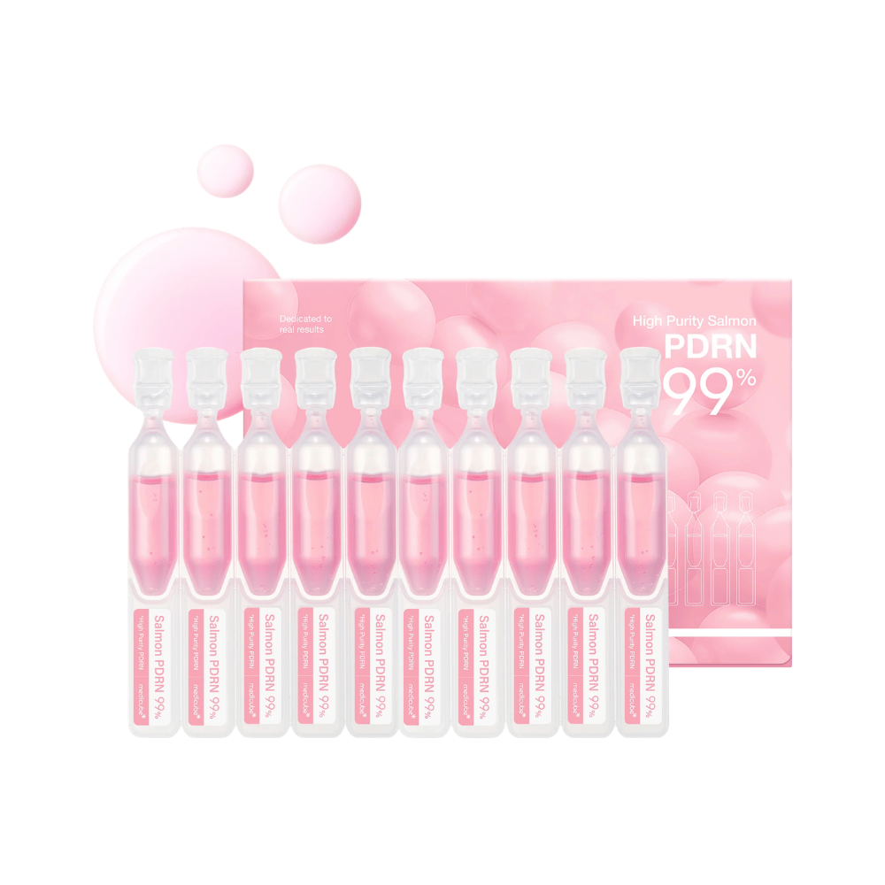 Medicube PDRN Pink One Day Serum Set med ti individuelle ampuller og produktemballage. Sættet indeholder serum med 99 % højrenset laks-PDRN til fugt, glød og daglig hudpleje.