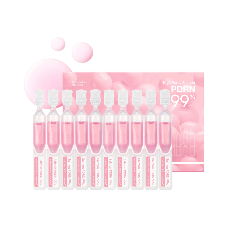 Medicube PDRN Pink One Day Serum Set med ti individuelle ampuller og produktemballage. Sættet indeholder serum med 99 % højrenset laks-PDRN til fugt, glød og daglig hudpleje.