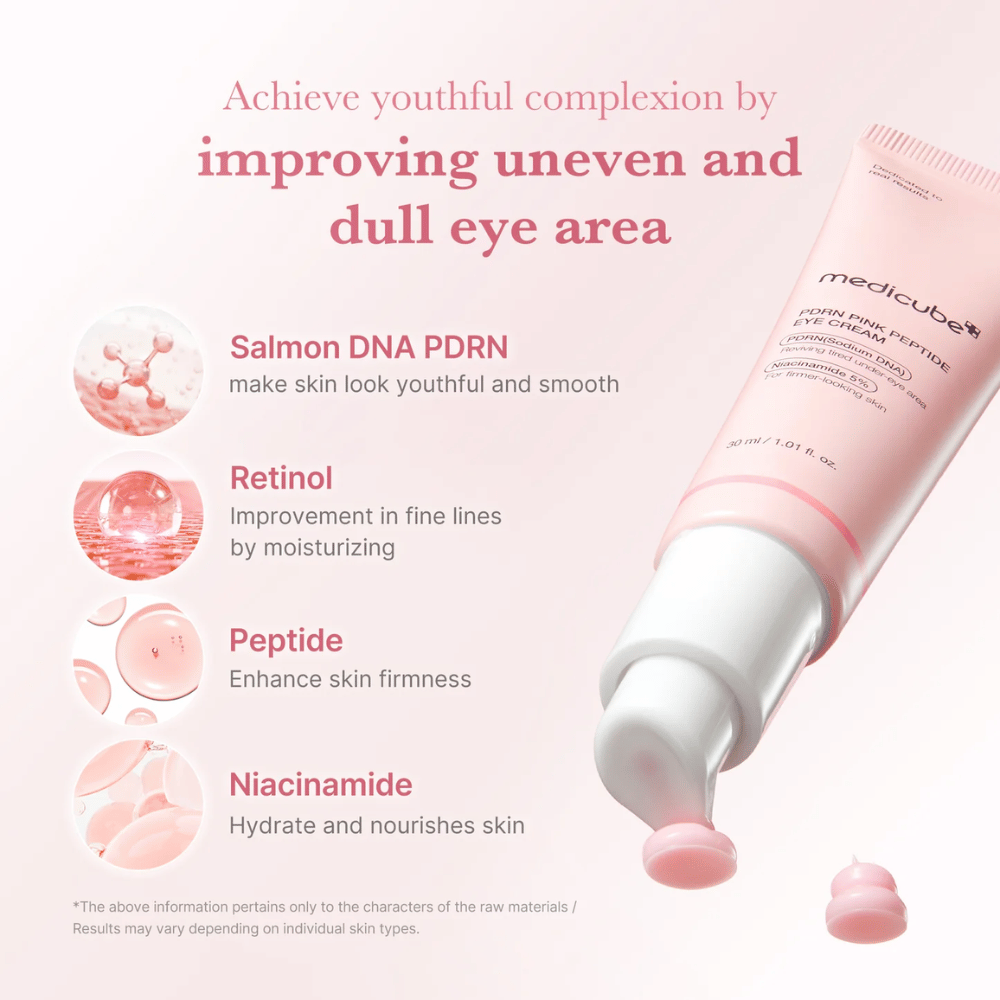 Medicube PDRN Pink Peptide Eye Cream med åbnet pumpe og rosa creme. Indeholder PDRN fra laks, retinol, peptider og niacinamid for at udjævne, fugte og
