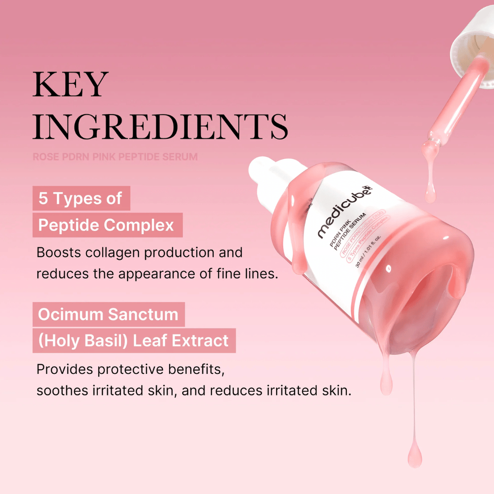 Medicube Rose PDRN Pink Peptide Serum – Nærende serum til fastere og roligere hud.

💖 5 typer af peptidkomplekser – Stimulerer kollagenproduktionen og reducerer fine linjer.
🌿 Ocimum Sanctum (Hellig Basilikum) ekstrakt – Beskytter, beroliger og reducerer irritation.

Perfekt til en jævnere, fugtet og strålende hud!